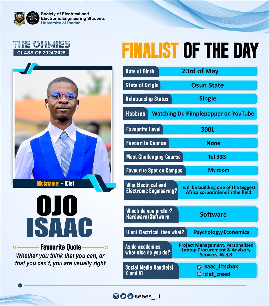 seees_ui's tweet image. 🌟✨ FINALIST OF THE DAY!
Meet iClef from the Class of ’25
#FinalistoftheDay #UIOhmies #EngineeringExcellence #UniversityOfIbadan