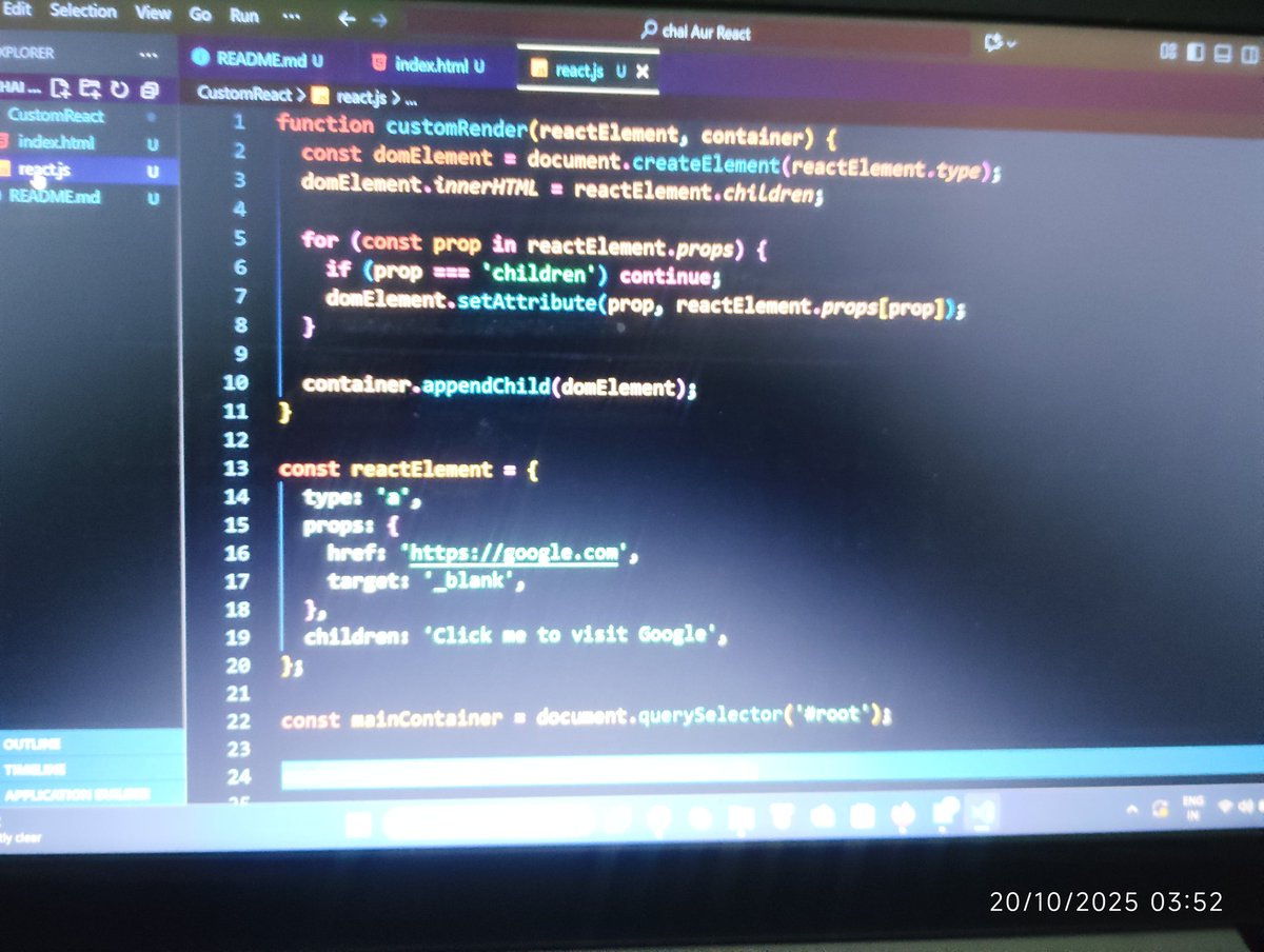 rajxcode's tweet image. #Day04🥷🏽
&quot;Master ji Challenge Done ✅&quot;
Developing my own React library helped me understand JSX , rendering, and reusable components on deeper level .
#Chaicode #35DaysReactSpark 
#React #OpenSource
#Devloper