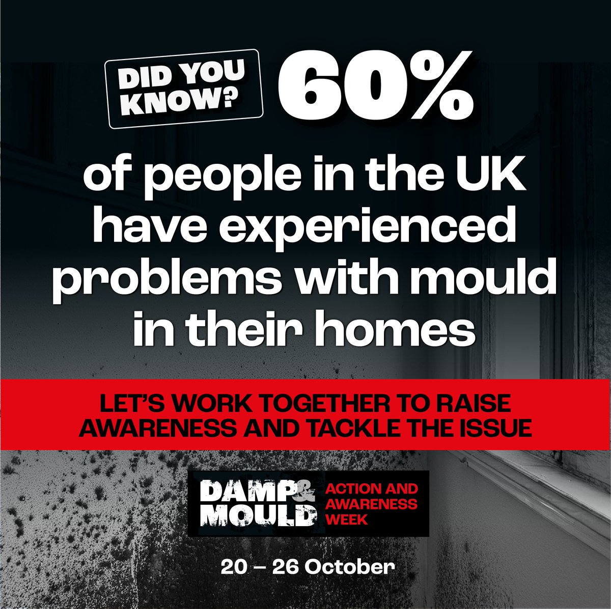 ObjectiveH_UK's tweet photo. Damp &amp; Mould Action and Awareness Week (21–25 October 2025) shines a spotlight on the importance of tackling damp and mould in homes an issue that continues to affect the health and wellbeing of many residents across the UK.
#damp #mold #awaabslaw #mould #healthyhomes https://t.co/YPiDluBBC2