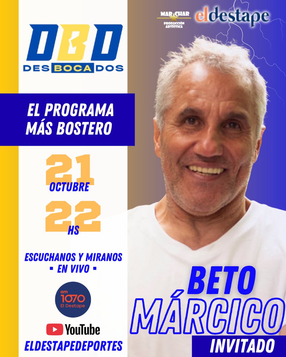 DesbocadosOK's tweet photo. #DESBOCADOS el programa del #CABJ por #ELDESTAPE

▪︎ #Martes #21Oct | 22 Hs 
@marcelolerner1 @carlosalfano @yammissargOK

✨️INVITADO ESPECIAL @MarcicoBeto #BetoMarcico #Marcico #BetoMagico

▪︎ PRODUCE @PrensaMarChar @eldestapeweb @eldestape_radio 

#MarChar #ElDestape #Programa #Desbocados #envivo #BocaJuniors #Riquelme #Xeneixe