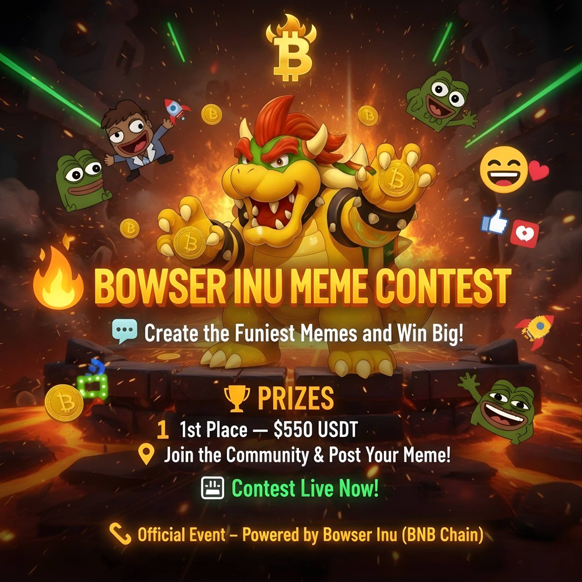 🎉 🔥 BOWSER INU MEME CONTEST IS LIVE! 🔥
Unleash your creativity and make the funniest Bowser Inu memes! 💥

💰 Prizes:
🥇 $500 USDT
🥈 $350 USDT
🥉 $150 USDT

✅ How to Join:
1️⃣ Post your meme on Twitter
2️⃣ Tag <a href="/BowserInu/">$BOWINU</a>
3️⃣ Use hashtags #BowserInu #Memecoin #MemeContest
4️⃣