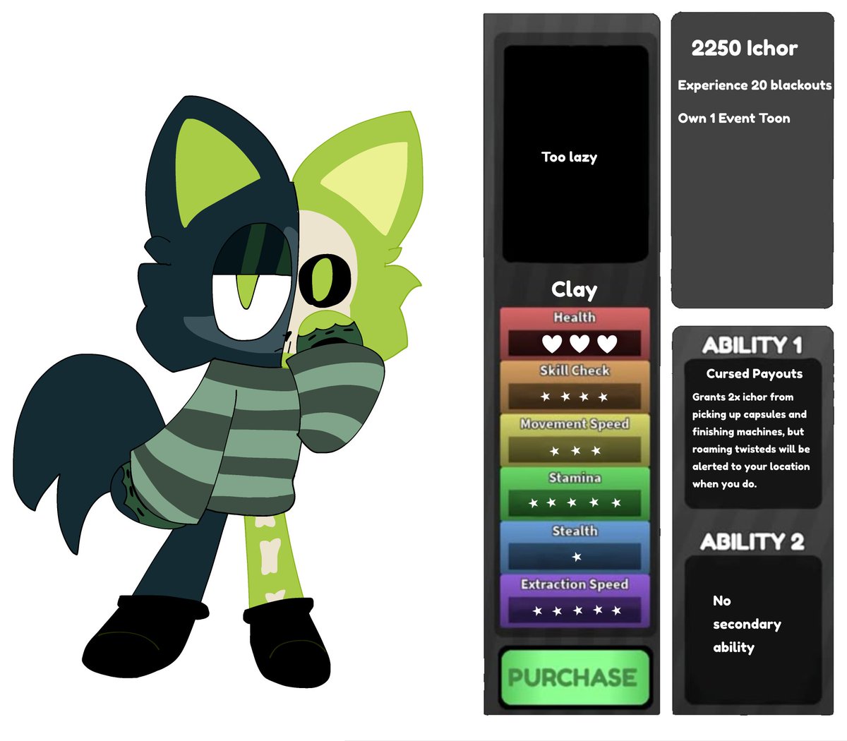 A #dandysworld sona based off my character in #superanimalroyale

Self conscious about his exposed side due to being a volunteer of a circus trio show, and unknowing of why he looks the way he does due to his creators losing his character sheet in the ichor