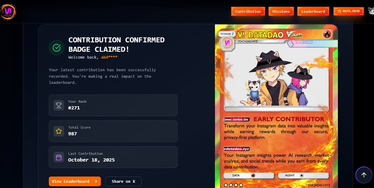 I just contributed to <a href="/v_on_vana/">V</a> on (vdatadao.xyz) and claimed my early contributor badge for building the future of data ownership!