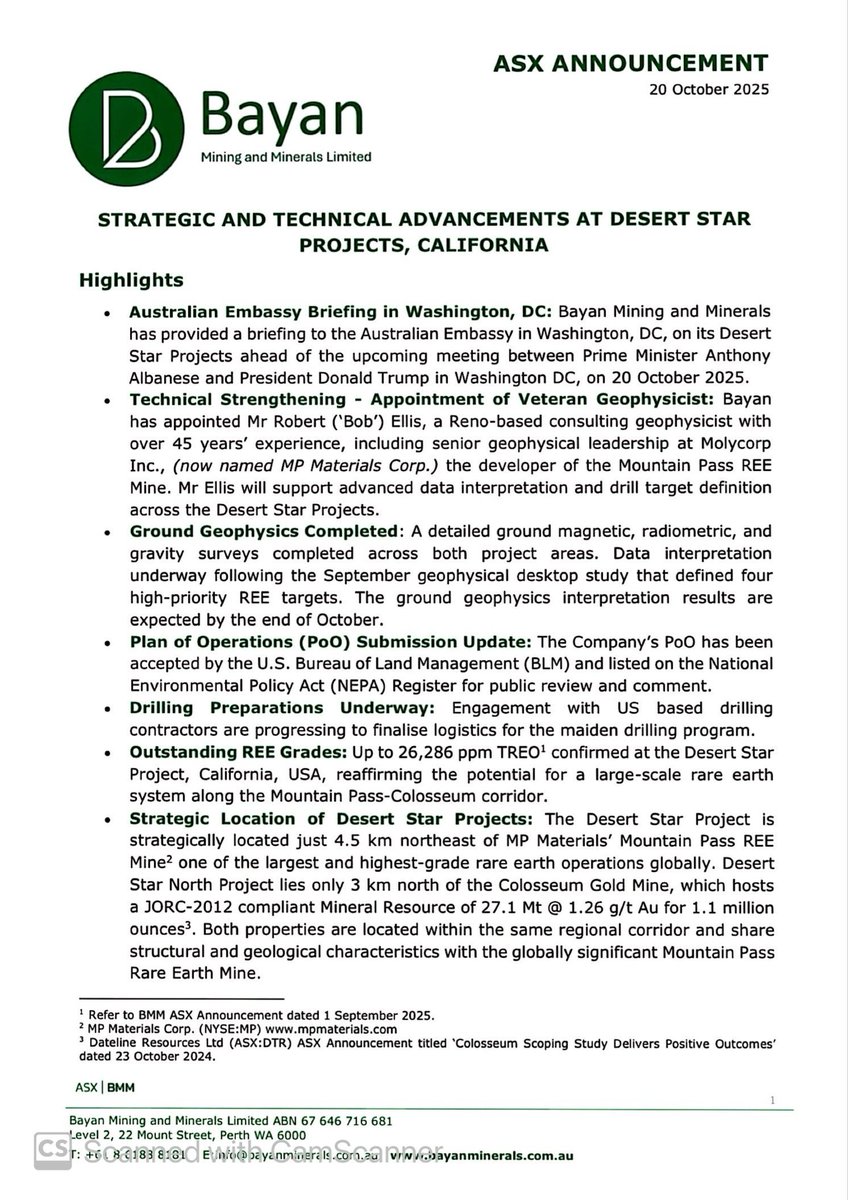 SalvadorMaurice's tweet image. $BMM

STRATEGIC AND TECHNICAL ADVANCEMENTS AT DESERT STAR
PROJECTS, CALIFORNIA

Drilling Preparations Underway: Engagement with US based drilling contractors are progressing to finalise logistics for the maiden drilling program.. 

Outstanding #REE Grades: Up to 26,286 ppm #TREO