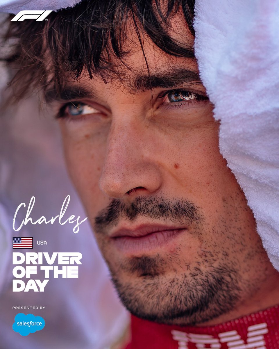 F1's tweet image. Defending valiantly throughout the race ⚔️

The @salesforce Driver of the Day in Austin goes to Charles Leclerc! 👏

#F1 #USGP