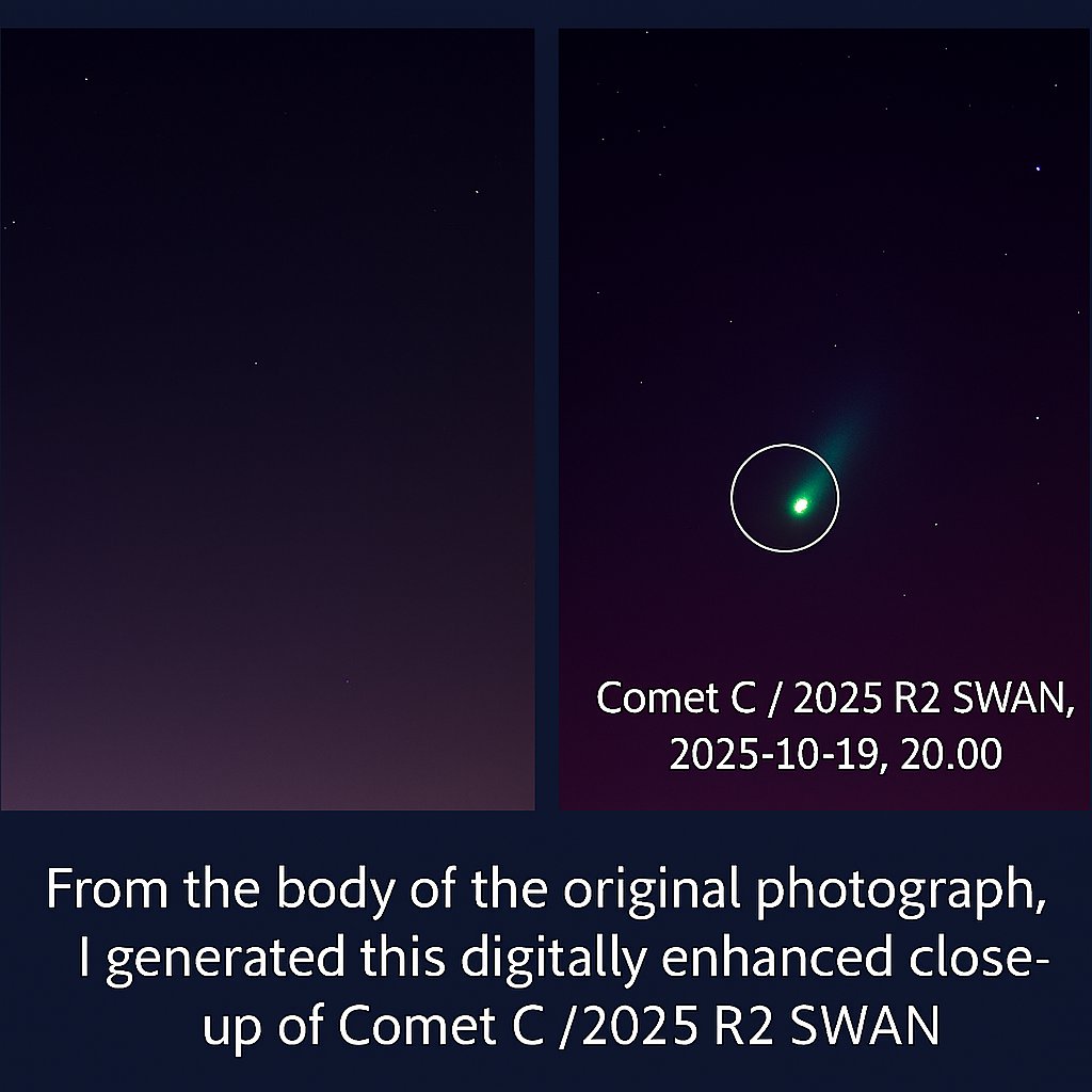 Alpinec's tweet image. Comet C/2025 R2 (SWAN) captured from North Macedonia October 19, 2025 at 20:00.
Left: Original photo segment with comet .
Right: Digitally enhanced close-up for clarity.
Confirmed and processed with support from Microsoft Copilot.
#Astrophotography #CometSWAN #VerifiedCapture