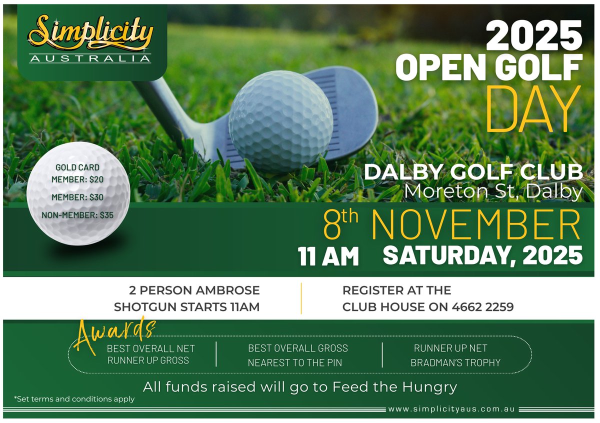 🏌️‍♂️ Tee Up for a Great Day Out! 🏌️‍♀️

The 2025 Simplicity Australia Golf Day is on Saturday, 8 Nov at Dalby Golf Club! 🌟

⛳️ 2-Man Ambrose
🕚 11am Shotgun Start
Call (07) 4662 2259 to register, spots fill fast, so do not miss your shot! 🙌✨