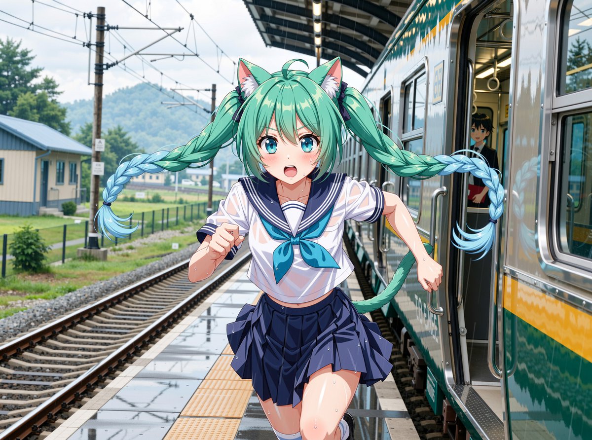 phyblas's tweet image. 例え雨でも行かにゃきゃ！

#AIart #AIイラスト #雨 #猫耳 #三つ編み #ツインテール #QwenImage