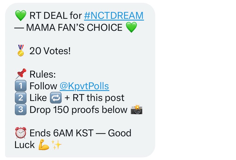 pollsforDREAM's tweet photo. 💚 RT DEAL for #NCTDREAM — MAMA FAN’S CHOICE 💚
🏅 20 Votes!
📌 Rules:
1️⃣ Follow @KpvtPolls
2️⃣ Like 🔁 + RT this post
3️⃣ Drop 150 proofs below 📸
⏰ Ends 6AM KST — Good Luck 💪✨ https://t.co/D9WI9nuc3L