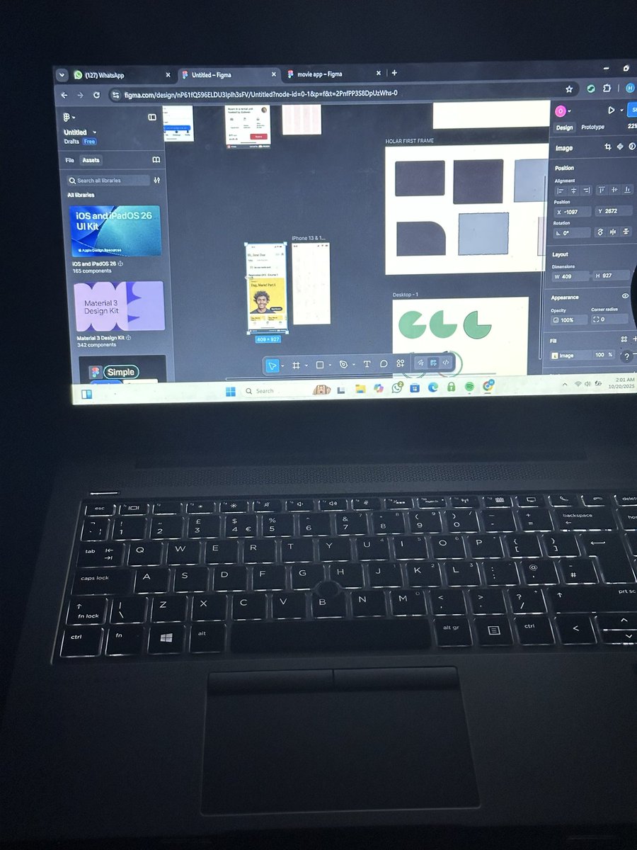HolarDesign's tweet image. Late night vibes—laptop humming, Figma alive with iOS kits and material components. Tweaking UI designs, WhatsApp buzzing with team chats, coffee growing cold. That quirky "e" shape fights back, but I keep going. #DesignLife #LateNightCoding #Figma