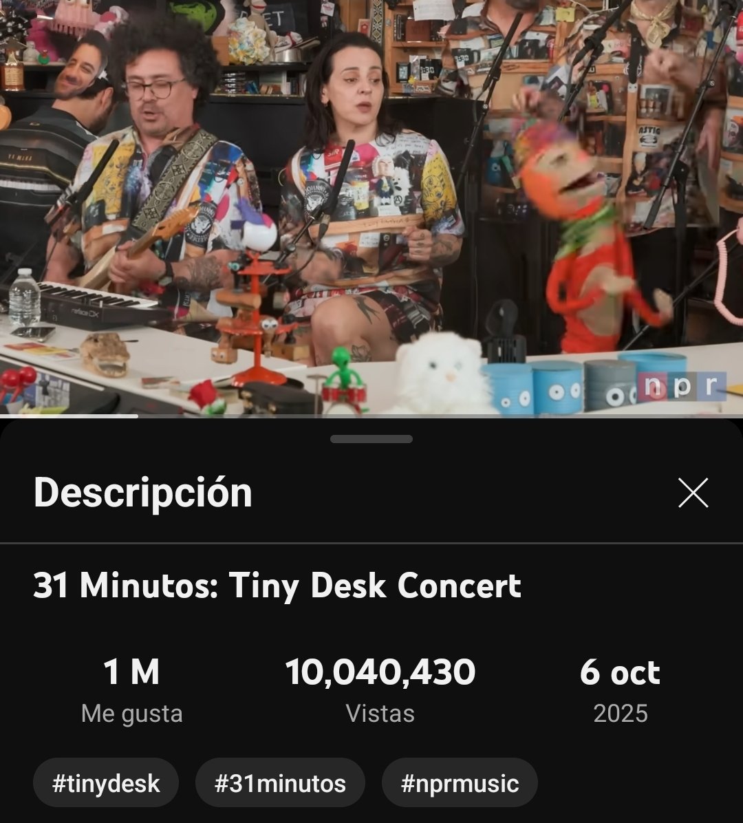 🔴 Logro histórico para la música chilena: el Tiny Desk de 31 Minutos alcanza 10 millones de vistas en solo 12 días desde su estreno.

🔴 El show de Tulio Triviño, Juan Carlos Bodoque, Patana y compañía se convierte así en la presentación chilena más vista en la historia del Tiny