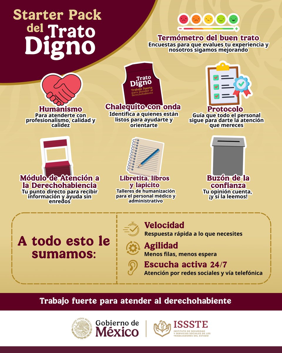 ISSSTE_mx's tweet image. Porque en el ISSSTE, el respeto y la buena atención ¡van de cajón! 🙌🏼🩵
El ✨ Starter Pack del Trato Digno ✨ está hecho para ti, derechohabiente que mereces atención con empatía, rapidez y calidez en cada visita en todos nuestros centros de atención. 🏥
📢 Y si algo no se…