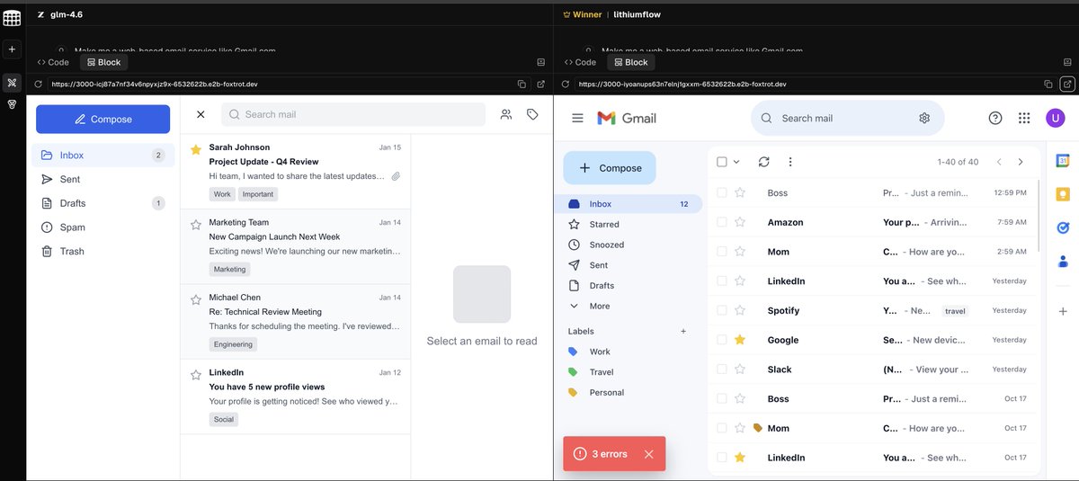 JoshRadDev's tweet image. Lithiumflow just oneshotted a near perfect Gmail UI clone. @GoogleDeepMind cooked. (error is from react hydration and time being different)
