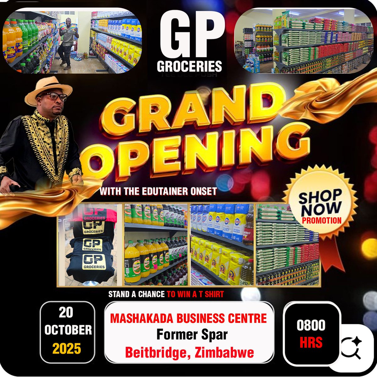 OnPointMedia4's tweet photo. WE ARE OPENING!!

GP GROCERIES Grand Opening 20 October 2025 at Mashakada former Spar!!

The Edutainer will be live OnSet 🎙 

Stand a chance to win a T Shirt 

Facilitator @LloydMungoni
#brandpromotion #Advertising #Opening https://t.co/Xpy974wWiU