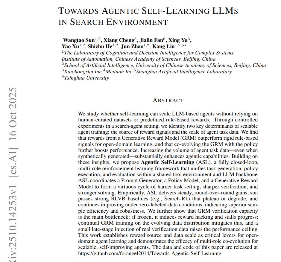 rohanpaul_ai's tweet image. Great paper on AI's recursive self-improvement.
Builds a single loop that lets a search agent teach itself. 
One part writes new tasks, one part tries to solve them, and one part judges the answers.
A 3-role loop can keep improving a search agent without human labels.
The…