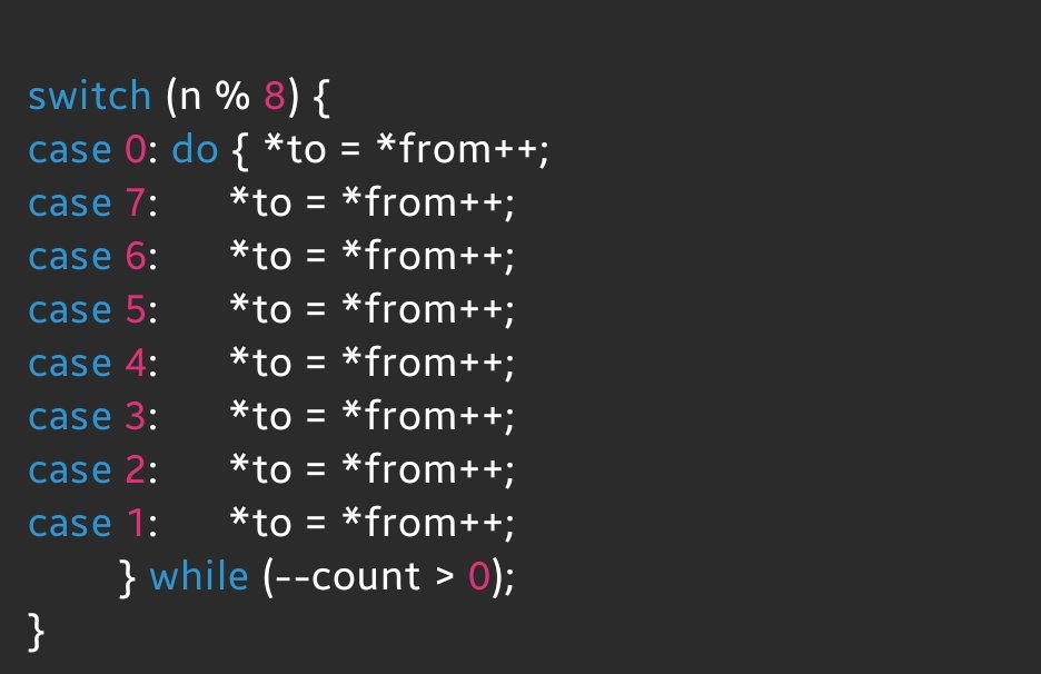 Aadriksh's tweet image. In 1983, a Pixar engineer pulled off one of the craziest C hacks ever.
He merged a switch and a do-while loop just to make code faster.
It looked illegal. It wasn’t.
It’s called Duff’s Device.