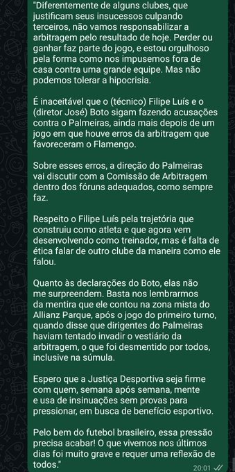 Image displays Portuguese text detailing a statement on unequal treatment of football clubs like Palmeiras and Flamengo in competitions highlighting hypocrisy and the need for consistent criteria to avoid bias in Brazilian football discussions.