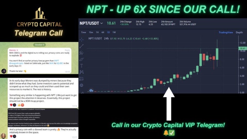 CryptoCapitalAI's tweet image. $NPT is up 6x from our Low Cap Gem Call in @CryptoCapitalAI 💎
Want access to our Daily Calls and Buy/Sell Alerts? 🧠🚨
For countless profitable calls on #Altcoins join via the link below!👇
Whop.com/CryptoCapital