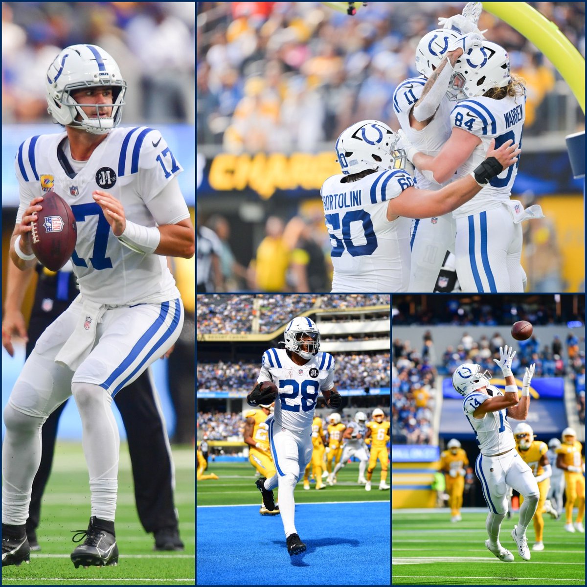 #Colts offense today:

QB Daniel Jones: 23/34, 288 yards, 2 TDs, 0 INTs

RB Jonathan Taylor: 132 yards, 3 TDs

WR Michael Pittman Jr.: 7 catches, 58 yards, 1 TD

WR Alec Pierce: 5 catches, 98 yards

TE Tyler Warren: 4 catches, 69 yards, 1 TD.

Indy is now 6-1 - the best record in the AFC.