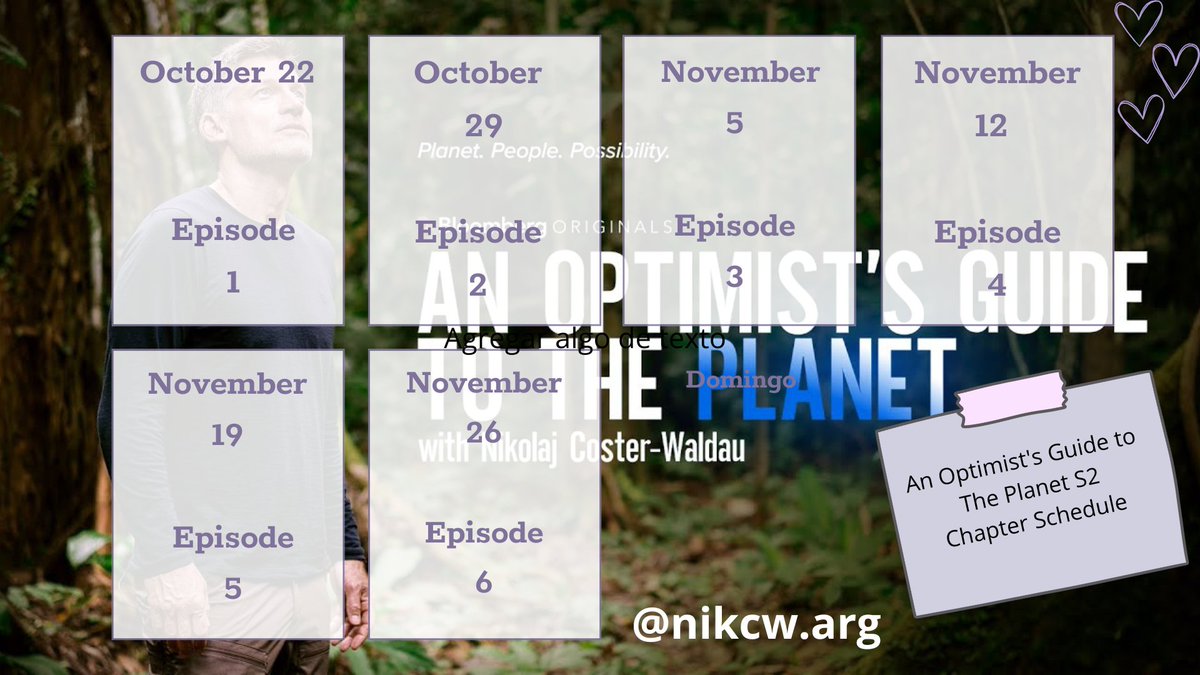 nikcwarg's tweet photo. Here I leave you a calendar of the dates of each episode.
I'm a little anxious ππππ
An Optimist's Guide to The Planet S2
Nikolaj Coster-Waldau
#anoptimistsguidetotheplanet #illkippers #creamproductions https://t.co/JCBA9VGXZR