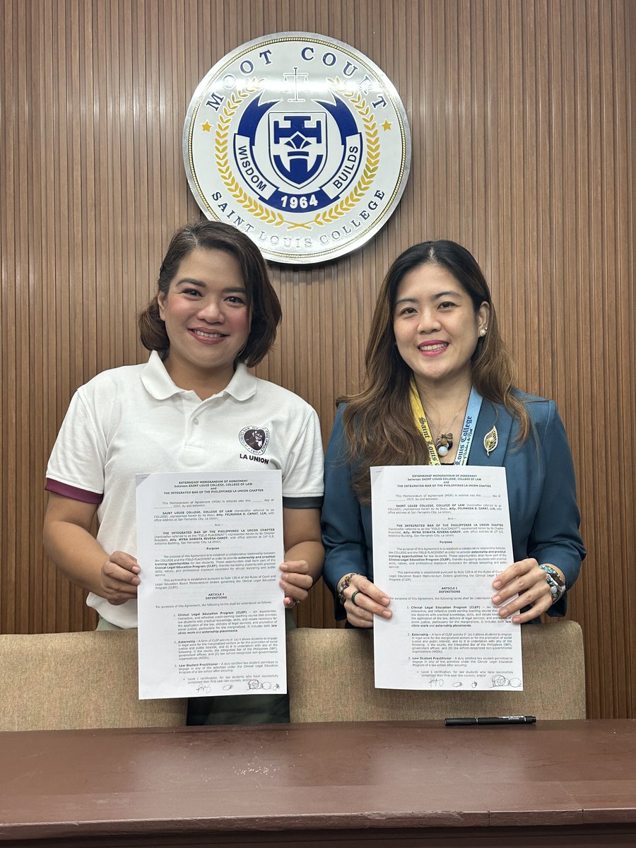 IBP_NCLA's tweet image. IBP La Union
October 14, 2025

IBP La Union signs MOA with Saint Louis College of Law for CLEP student training.

#IBPNCLA
#ServeTheCountryHailTheIBP
#IBPLegalAid