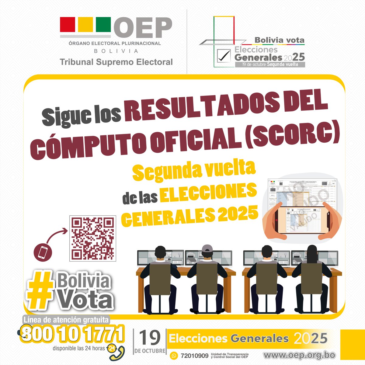 TSEBolivia's tweet image. #SegundaVueltaBolivia I 🗳🇧🇴 #SCORC I Sigue los resultados del cómputo oficial en vivo a través del Sistema de Consolidación Oficial de Resultados de Cómputo (SCORC).
✅ Puedes escanear el código QR de la publicación o ingresar al siguiente link:
👉 computo.oep.org.bo
