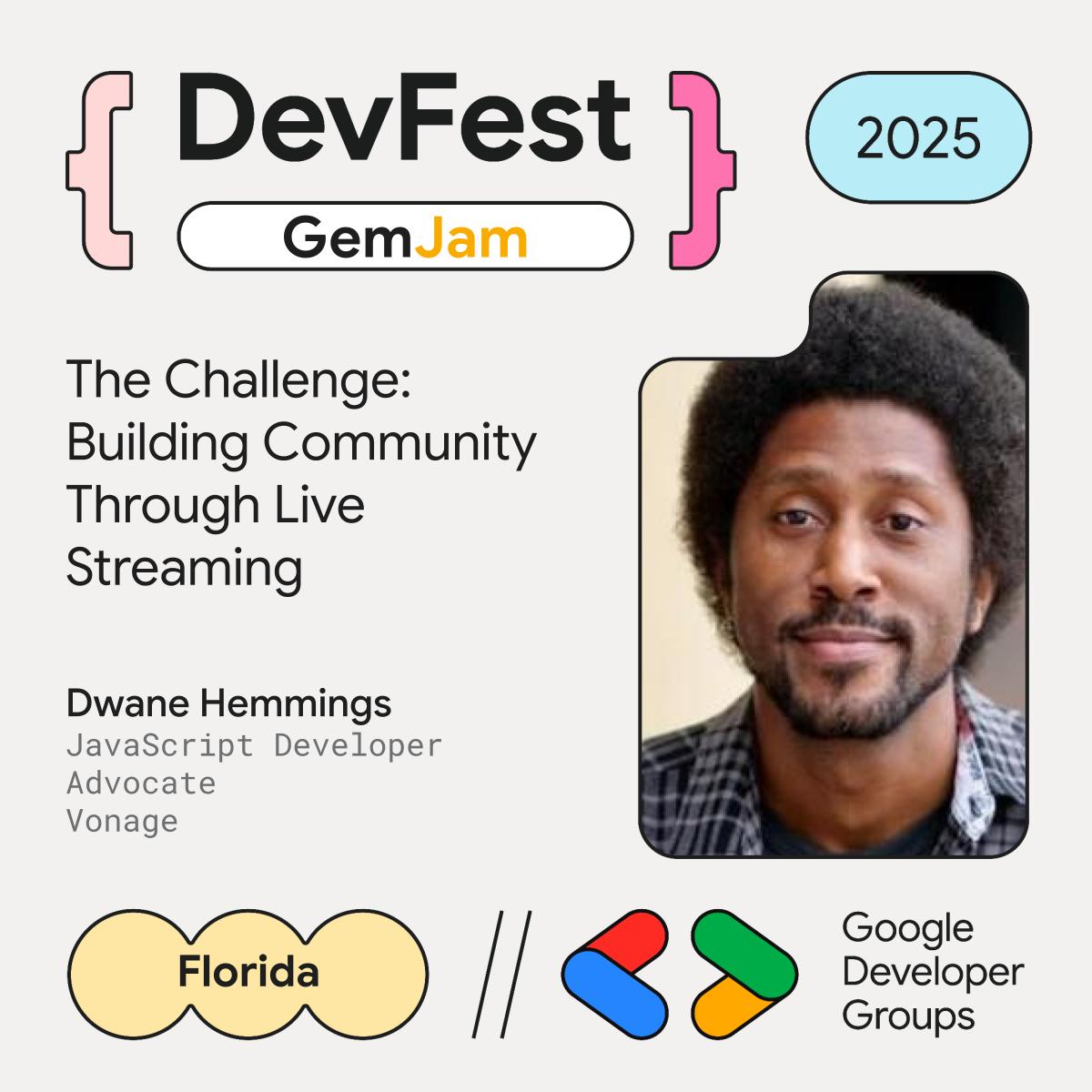 lifelongdev's tweet image. Florida Developers!!! I&apos;ll be at @devfestfl GemJam 2025 this Saturday doing a workshop! Come through to add real-time communications with @VonageDev tech.

event info: devfestflorida.com

Use the code FLASHSALE for 10% off tix eventbrite.com/e/devfest-gemj…

See y&apos;all there!!!