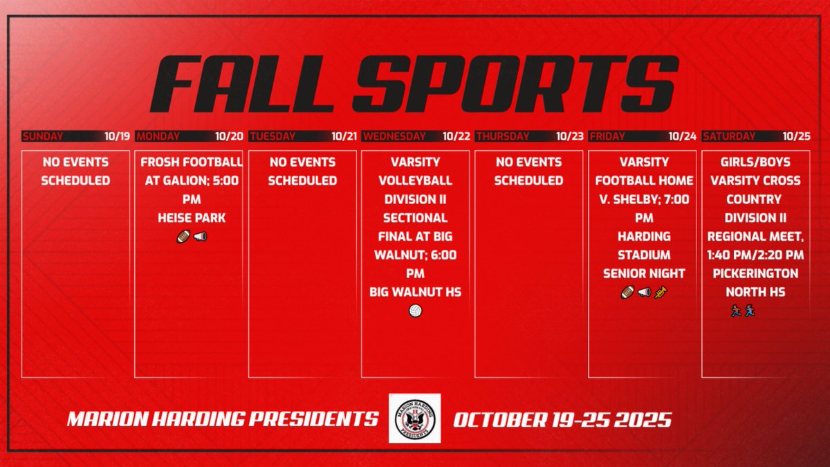 Harding Athletics 10/19-10/25
Go Presidents!
<a href="/MCSPresidents/">Marion City Schools</a> 
<a href="/SuptMurphyMCS/">Brian Murphy</a>
<a href="/McMotorsport/">Rob McCurdy</a>