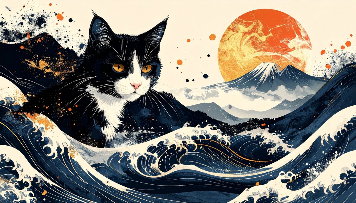 QZmZaE0e5y7184's tweet image. 波間の猫／Cat in the Waves
#AIart #AIアート #Firefly #Adobe #JapaneseArt