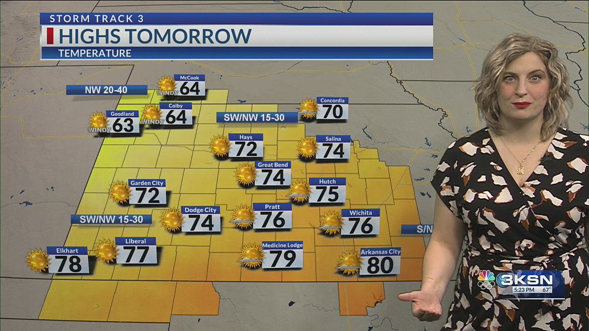 Temps will continue to yo-yo over the next few days as a cold front tracks through the state tomorrow and brings back cooler air for the rest of the week. Rain chances increase by Thursday as an unsettled pattern arrives. 
ksn.com/weather/weathe… <a href="/KSNNews/">KSN News Wichita</a> <a href="/KSNStormTrack3/">KSN Storm Track 3</a> #kswx