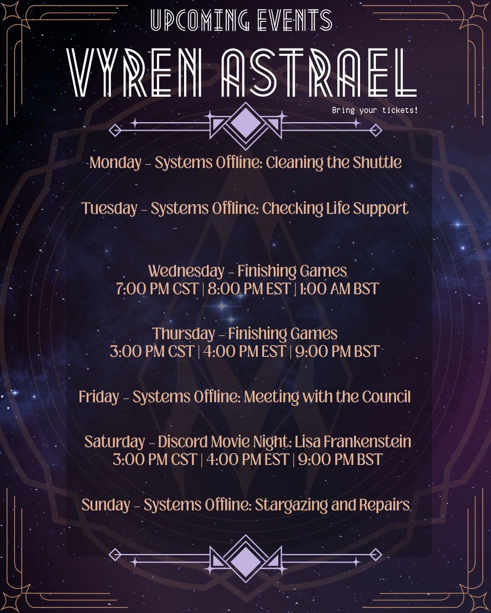 Been too long since I had a proper schedule, so I'll do my best to keep up with it better!