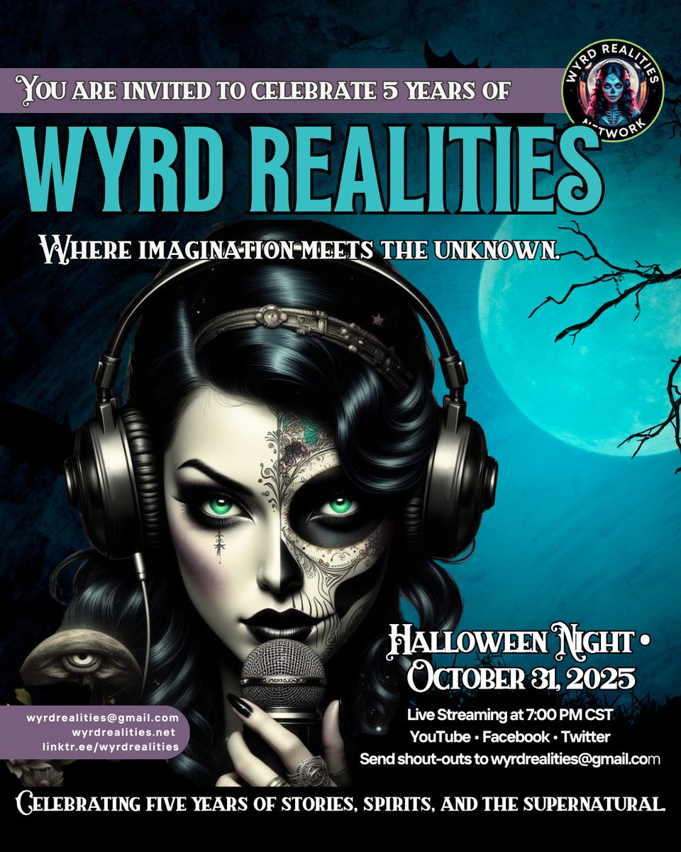 We’re turning FIVE and celebrating Halloween Night (Oct 31 @ 7 PM CST) LIVE. 🎥 Send video shout-outs or questions for your favorite #WyrdAwakenings, #WatchingWyrd &amp; #BlondesBooksCampfireTales

#StayWyrd #FiveYearsOfWyrd #WyrdRealities  #ParanormalPodcast #WyrdVerse