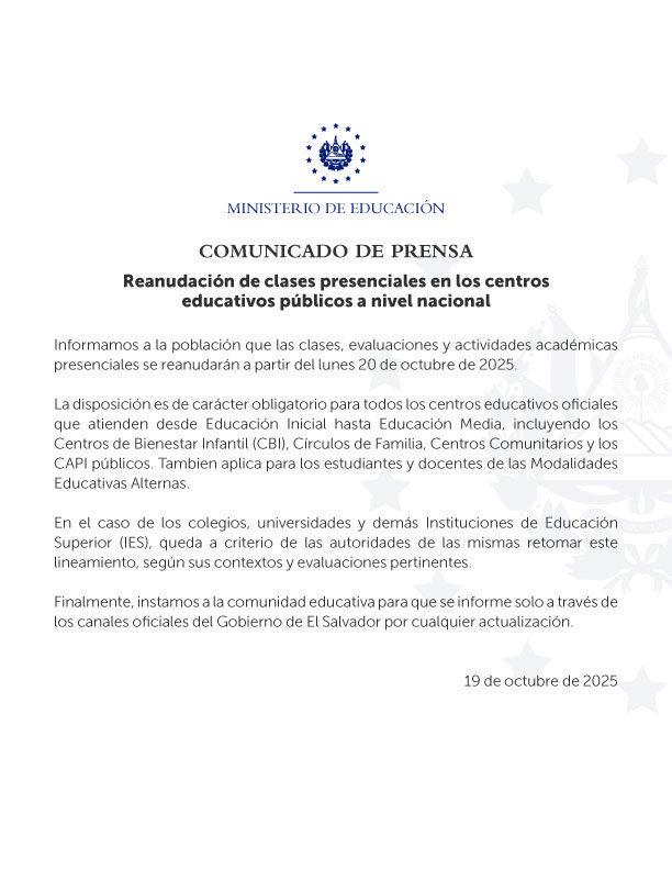 Ministerio de Educación informa a  toda la comunidad educativa de los centros educativos públicos a nivel nacional, que las clases, evaluaciones y demás actividades presenciales se reanudarán mañana, lunes 20 de octubre de 2025, en todos los niveles y modalidades. 

Para los