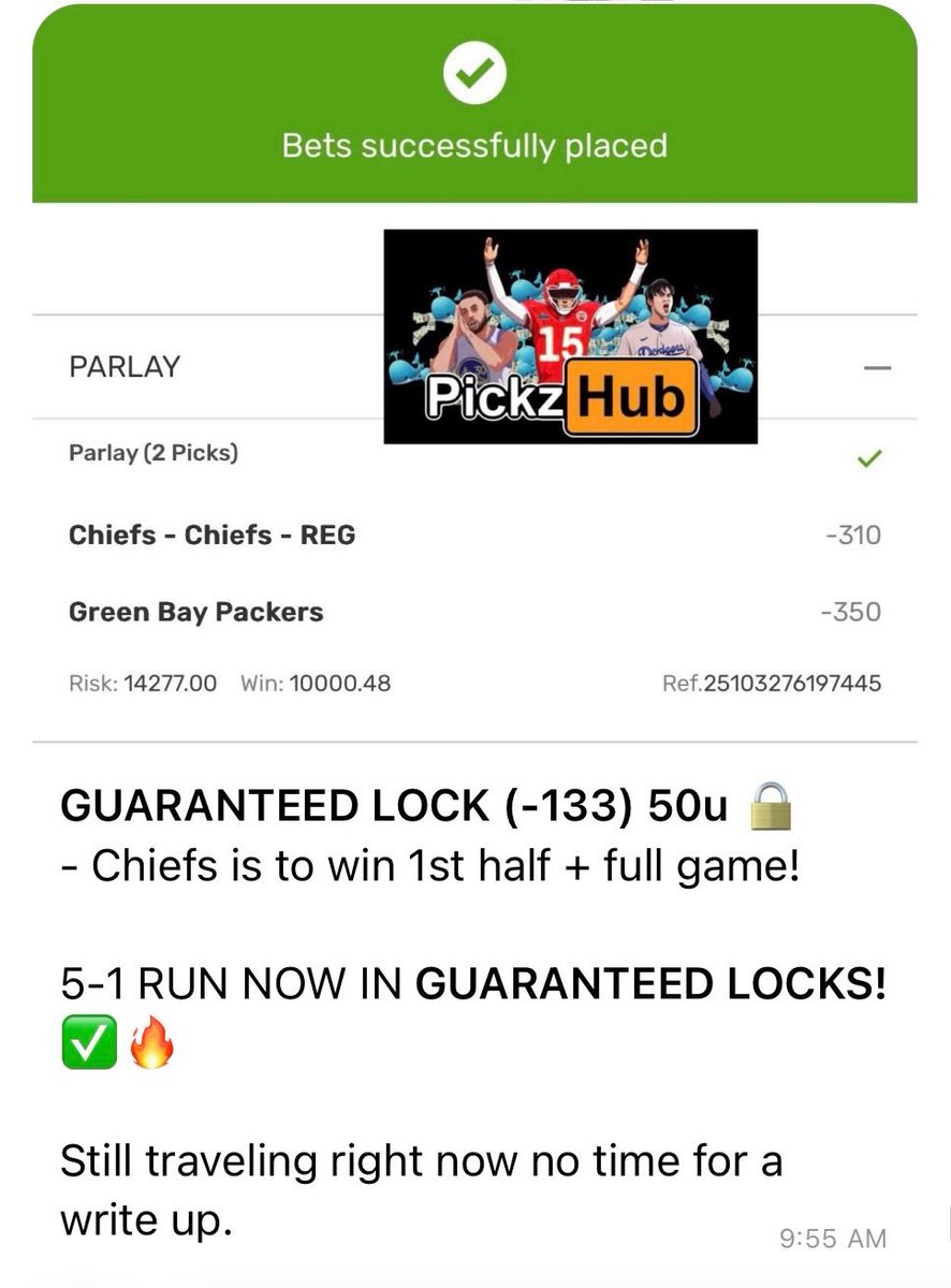 6-1 NOW BANGGGGGG GUARANTEED LOCK!! 🔥

GUARANTEED LOCK (-133) 50u 🔒✅ $24,277
CHIEFS 1st HALF ✅ + FULL GAME ✅ 
PACKERS ✅

AGAIN &amp; AGAIN &amp; AGAIN &amp; AGAIN &amp; AGAIN…

CALLED “GUARANTEED LOCKS” FOR A REASON!!!

NEXT 10 PEOPLE TO MESSAGE ME GET BIGGEST VIP DISCOUNT SALE IN