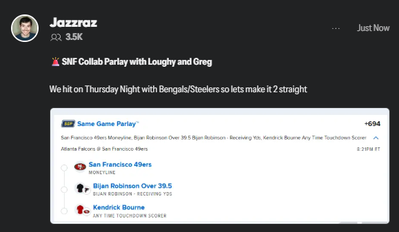 Ben Rasa (@jazzrazbets) on Twitter photo Me <a href="/Loughy_D/">Dave Loughran</a> and <a href="/gehrenbergdfs/">Greg Ehrenberg</a> running back our NFL Parlay collab for SNF on Tails.
Lets get it done GL GL Me <a href="/Loughy_D/">Dave Loughran</a> and <a href="/gehrenbergdfs/">Greg Ehrenberg</a> running back our NFL Parlay collab for SNF on Tails.
Lets get it done GL GL