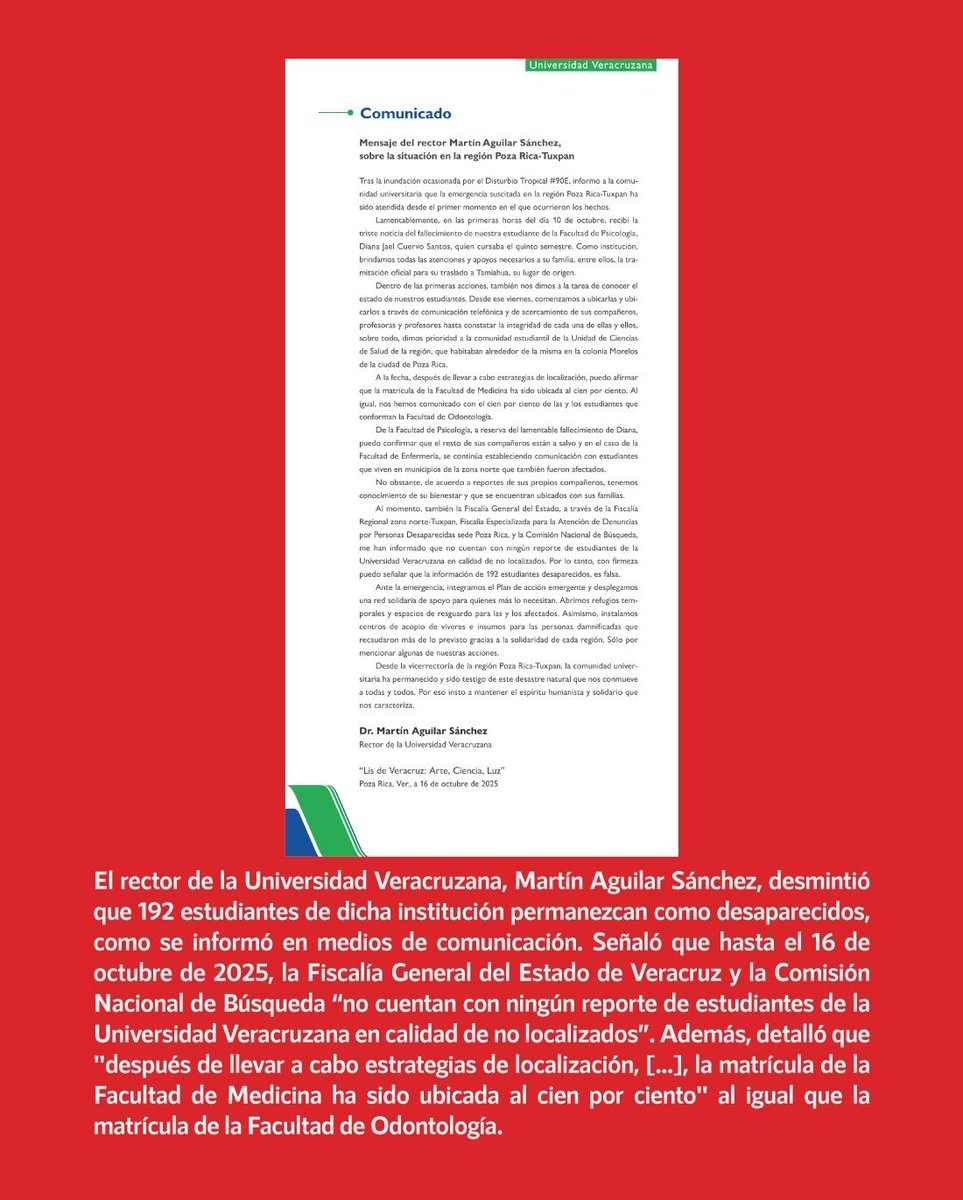 infodemiaMex's tweet photo. ❌Falso que 192 estudiantes de la unidad Poza Rica de la Universidad Veracruzana desaparecieron, tras las lluvias e inundaciones en la entidad

✅El rector de la Universidad Veracruzana, Martín Aguilar Sánchez, desmintió que 192 estudiantes de dicha institución permanezcan como desaparecidos, como se informó en medios de comunicación. Señaló que, hasta el 16 de octubre de 2025, la Fiscalía General del Estado de Veracruz y la Comisión Nacional de Búsqueda “no cuentan con ningún reporte de estudiantes de la Universidad Veracruzana en calidad de no localizados”.
https://t.co/pMgi1rEB6L
✅Además, detalló que "después de llevar a cabo estrategias de localización, [...], la matrícula de la Facultad de Medicina ha sido ubicada al cien por ciento" al igual que la matrícula de la Facultad de Odontología.

▶️https://t.co/j5xBJj6Ftn