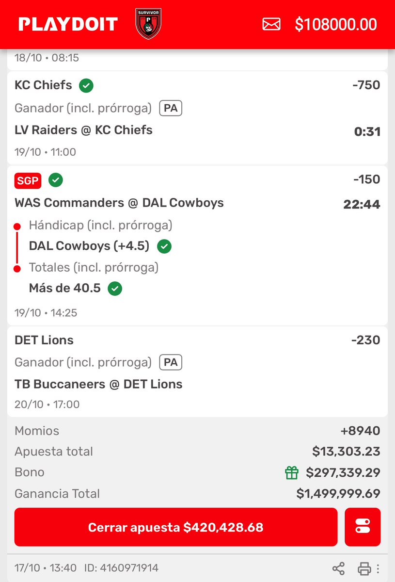 A una jugada de volver hacer historia en este mundo de las apuestas, pura buena vibra todo México junto apoyando una aventura más del gallito

Se gane o se pierda ya estamos del otro lado, vamos hacer un free roll con bucs y que sea lo que Dios quiera 

La especialidad de la casa