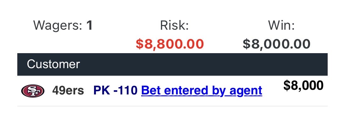 🚨BIG WAGER ALERT BY <a href="/oneesixx/">🙃</a> 🚨

This bettor is currently down $4500 this week and decided to double down on 49ers PK tonight for $8K…

Is this going to hit?