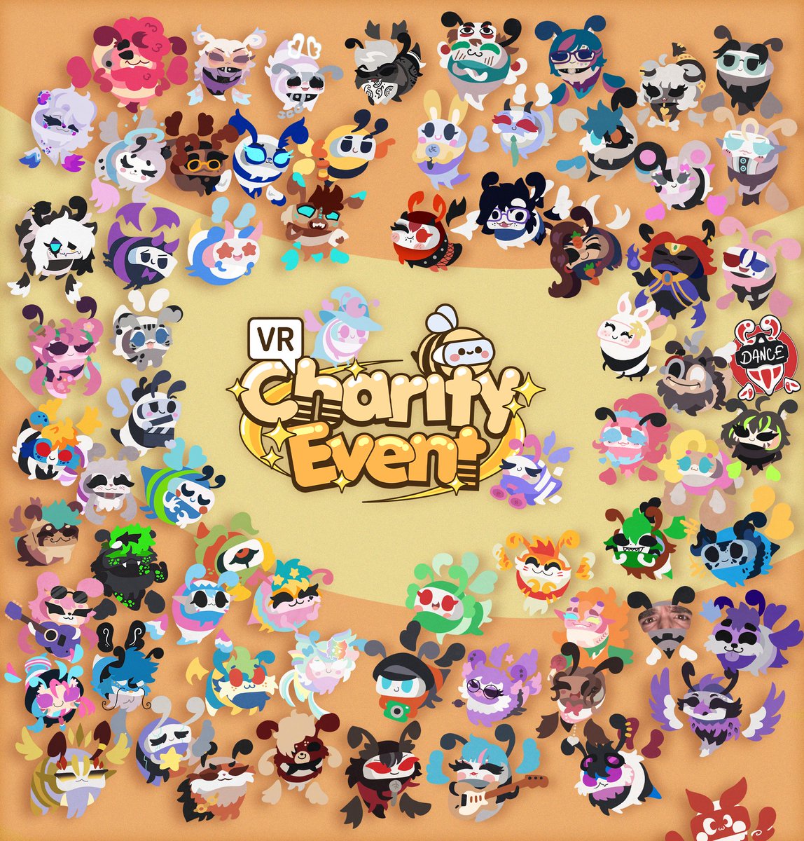 I know I haven’t been posting much lately. The truth is, I’ve been completely busy preparing for the VRCharity Event.

Some time ago I had the idea to illustrate all the participants in the style of our mascot - a bee. Two months later here I am, mother of a swarm of 74 bees! 🐝