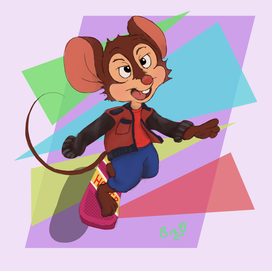 There are no cats in the future... Fievel shreddin it on a Hoverboard #Toontober #donbluth <a href="/toontober/">TOONTOBER</a>
