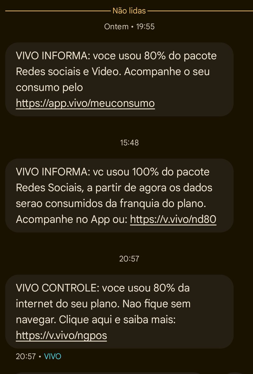 Nandazbh's tweet photo. Sinceramente @vivobr passei o dia fazendo as orientações que vocês deram, mal tô tendo sinal de internet e chega SMS dizendo que usei toda a franquia das redes sociais e agora já foi 80% do plano normal.

Sinceramente, continuar assim vou é mudar de operadora! https://t.co/cD6QbXP0jm