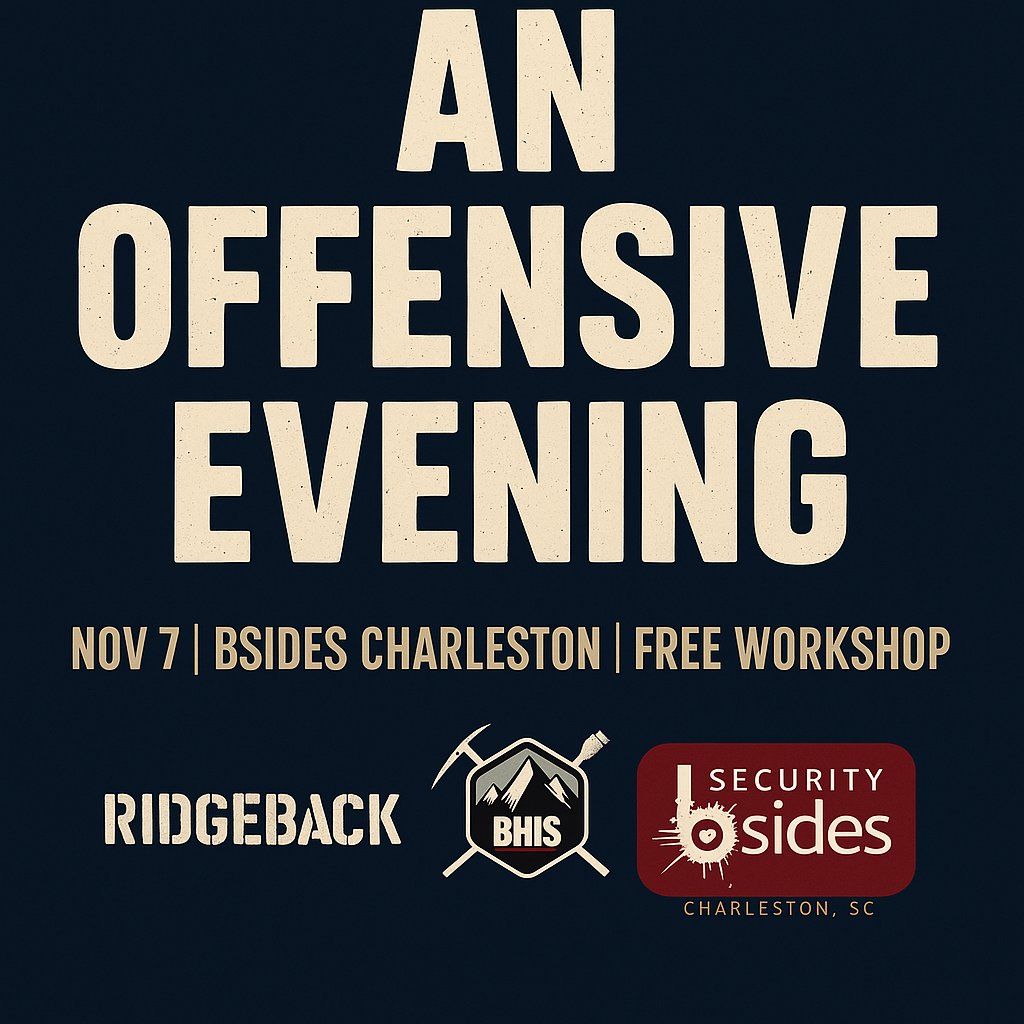 Chris Traynor (@cstraynor) on Twitter photo 🧰 Next stop — <a href="/BSidesCHS/">BSides Charleston</a> | An Offensive Evening
Nov 7 | Free workshop focused on the offensive fundamentals every operator should master.
Hands-on, fast-paced, and no fluff.
🔗 ridgebackinfosec.com/events/#bsides… 🧰 Next stop — <a href="/BSidesCHS/">BSides Charleston</a> | An Offensive Evening
Nov 7 | Free workshop focused on the offensive fundamentals every operator should master.
Hands-on, fast-paced, and no fluff.
🔗 ridgebackinfosec.com/events/#bsides…