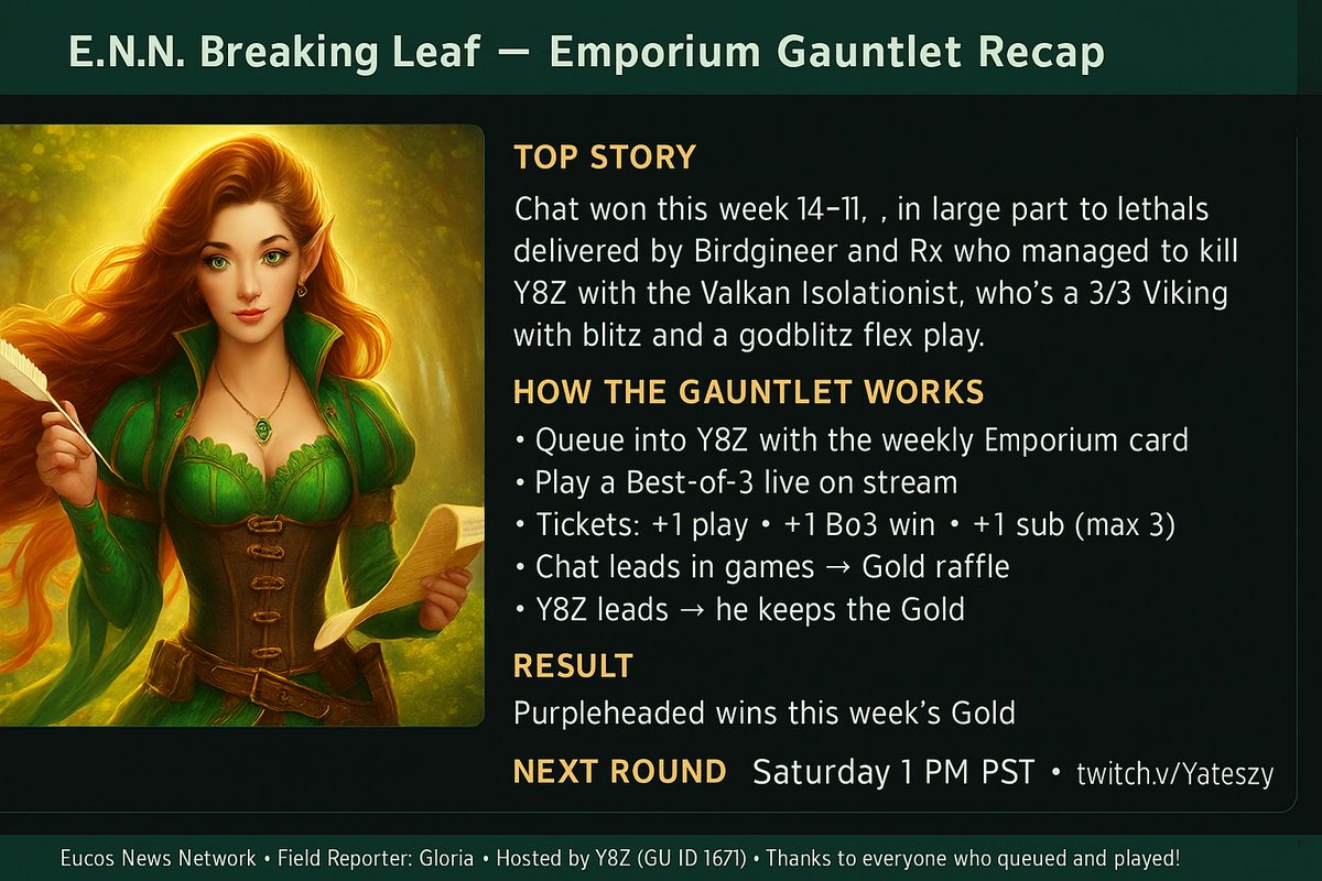 Breaking Leaf recap - Questing for the gold "Valkan Isolationist" 

Also join us with Y8Z tomorrow for some highlights on the GU League week 5.  

twitch.tv/yateszey