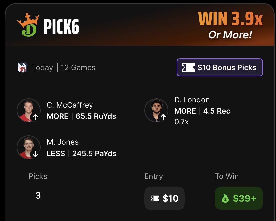 Sunday Night Football DraftKings Play!🏈

Christian McCaffrey “O” 65.5 Rush Yards
Mac Jones “U” 245.5 Pass Yards
Drake London “O” 4.5 Receptions 

#DraftKings #NFL #GamblingTwitter #PrizePicks #Underdog #PlayerPropBets #fanduel