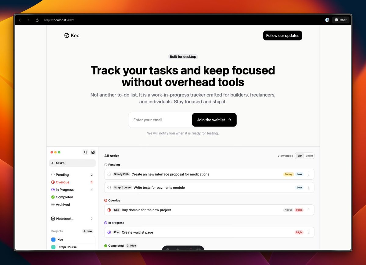 coderdiaz's tweet image. Hola👋, ¿Están listos?
Me tome un ratito más para preparar la página.
#buildinpublic #keosoftware