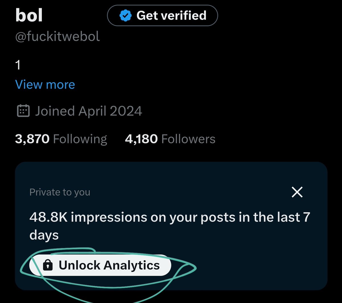"48.8k impressions on your posts in the last 7 days"
"unlock analytics"

unlock deeznuts 
<a href="/elonmusk/">Elon Musk</a>