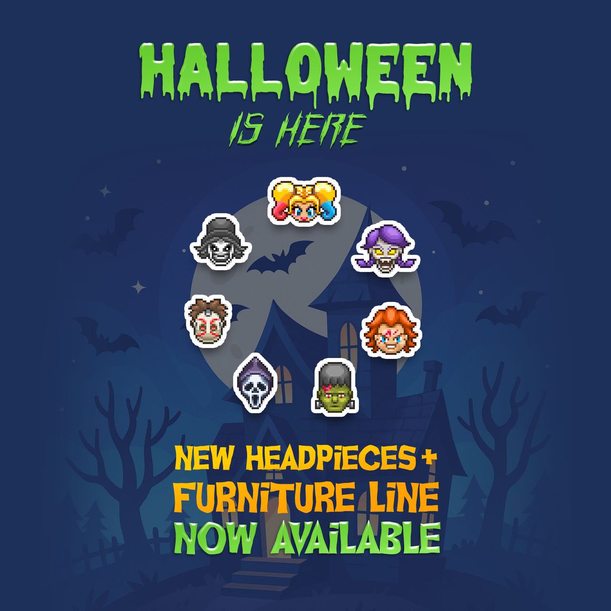 Halloween is creeping its way into Pixadom, and with it comes a spine-tingling collection of new headpieces and the return of our beloved Halloween furniture line to the Gem Shop.

This year's lineup includes seven limited-time headpieces: Marley Grimm, Mournelle, Gingergrin,