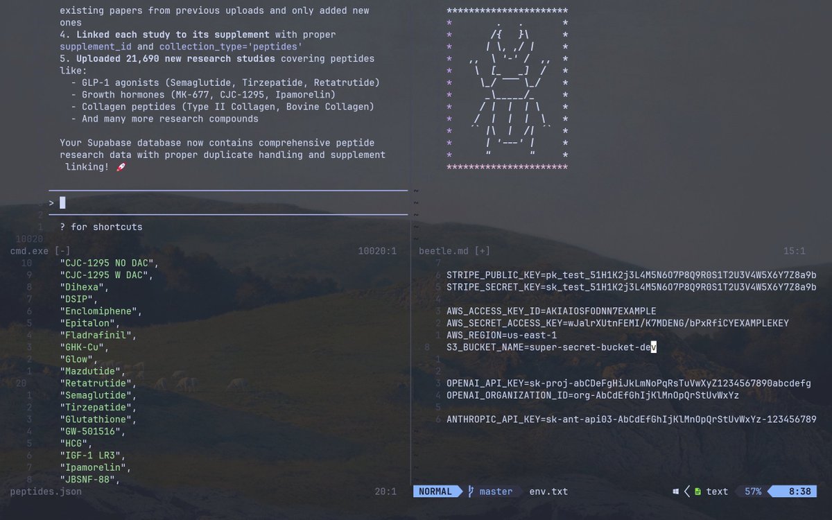 A screenshot of a code editor or terminal interface displaying lists of peptide compounds (e.g., Semaglutide, Tirzepatide), upload progress notes for 21,690 new studies, database configurations (e.g., Supabase), and API keys (partially redacted or example). It includes file names like peptides.json and code snippets for handling research data.