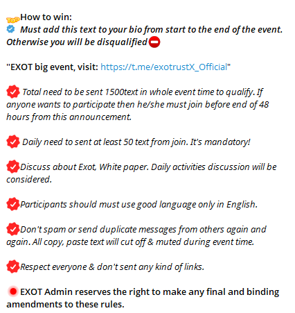 Exotrustx's tweet photo. EXOTRUSTX Most Active TG Members Contest

Contest period: October 14 to October 29 || 2:00 PM (UTC)
✈️How to join: Participate in the EXOT Telegram community discussion at  https://t.co/0J9EvEii1E

@Exotrustx 
#exotrustx
#exot https://t.co/B5BaGKYOZ9