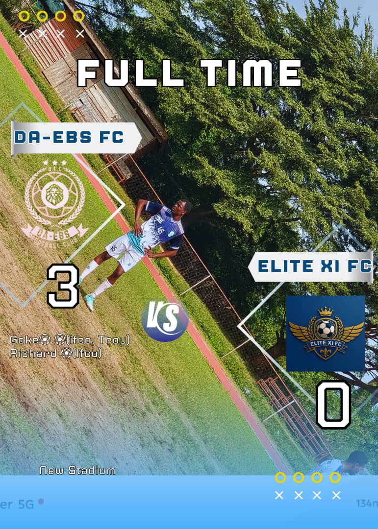 🔥 FULL-TIME 🔥

DA-EBS FC 3️⃣ – 0️⃣ ELITE XI FC

What a sweet redemption! 😤💥
After falling short in the first encounter, the DA-EBS lions roared back louder and stronger — dismantling Elite XI FC in grand style! 🦁⚽
Goals:
⚽ ⚽Goke (Ifco, Troy)
⚽ Richard (Ifco)

VICTORY 🤍🔥